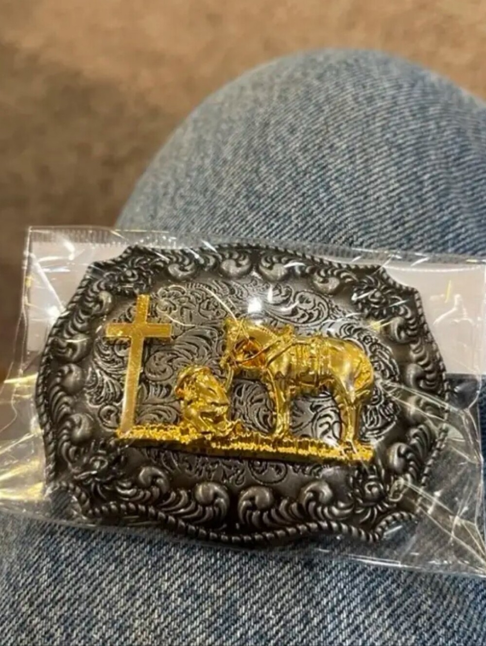 Faith Horse and cowboy praying at cross Belt Buckle Small Size